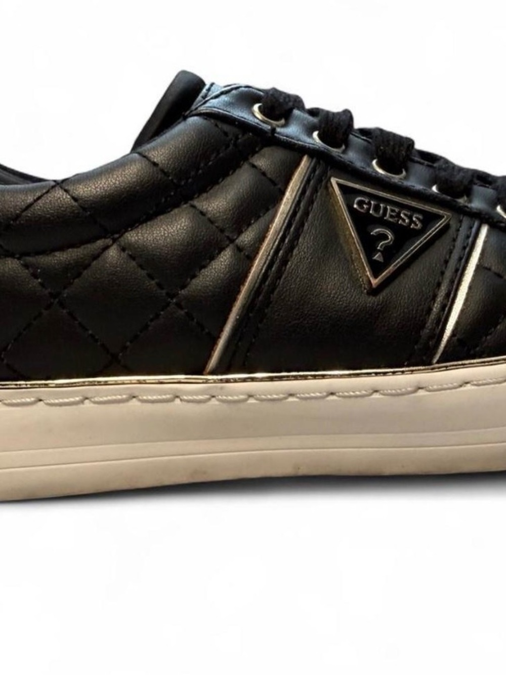 GUESS Black Quilted Leather Sneaker with White Sole and Gold Trim